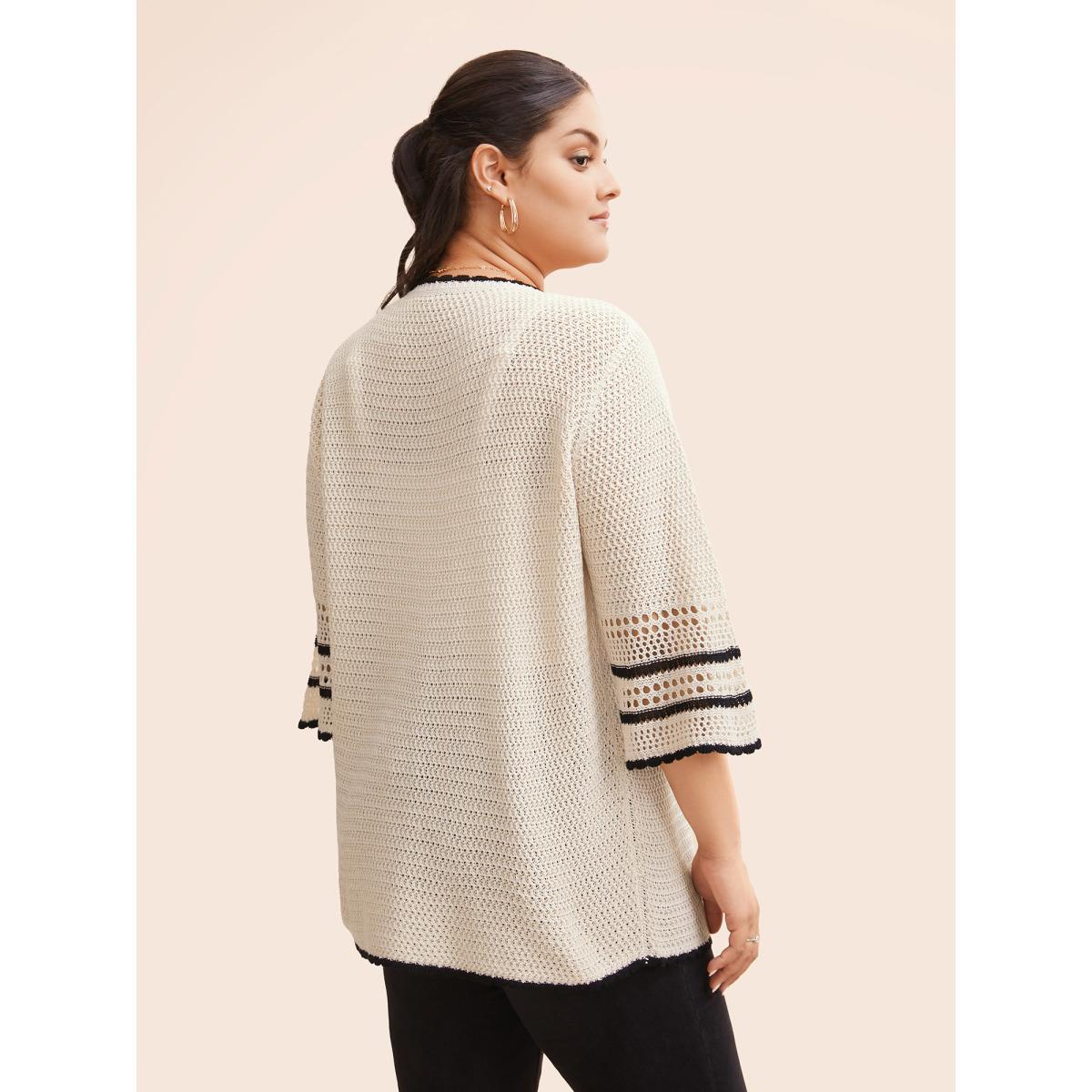 Plus Size Solid Contrast Trim Bell Sleeve Cardigan Apricot Women Beach Loose Elbow-length sleeve Vacation Cardigans BloomChic 22-24/3X Product Image