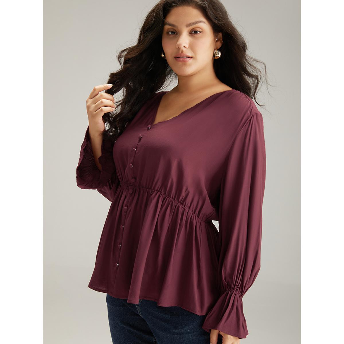 Plus Size Burgundy Button Detail Ruffle Trim Blouse Women Elegant Long Sleeve V-neck Dailywear Blouses BloomChic 22-24/3X Product Image