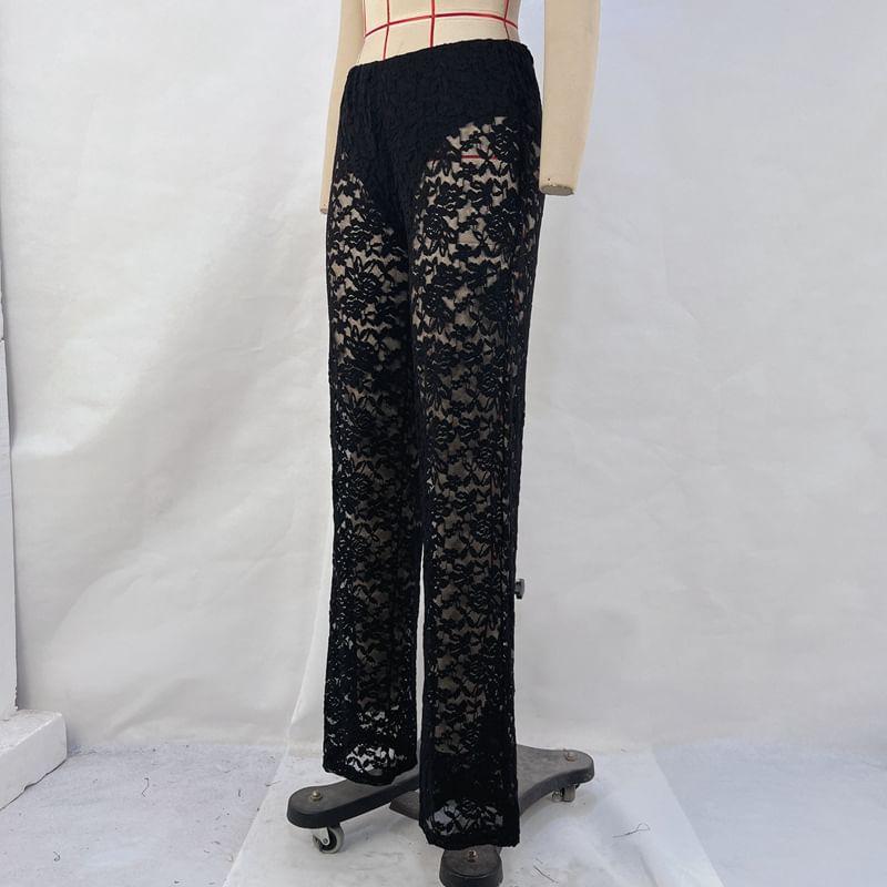 Mid Rise Floral Lace Straight Leg Pants Product Image