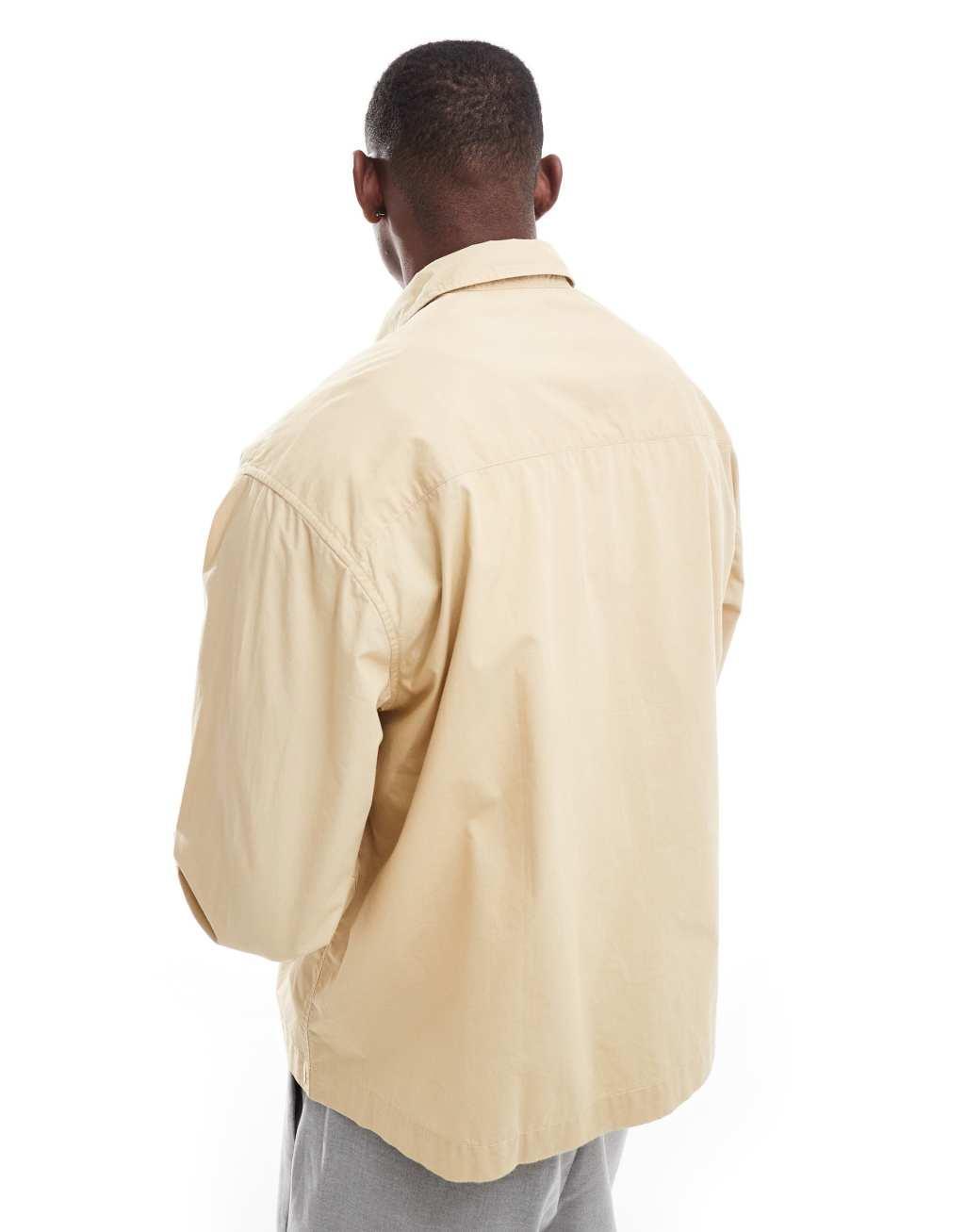 ASOS DESIGN boxy overshirt with square pocket in stone Product Image