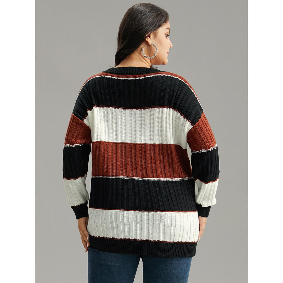Plus Size Colorblock Contrast Hollow Out Drop Shoulder Pullover Multicolor Women Casual Loose Long Sleeve V-neck Dailywear Pullovers BloomChic 18-20/2X Product Image