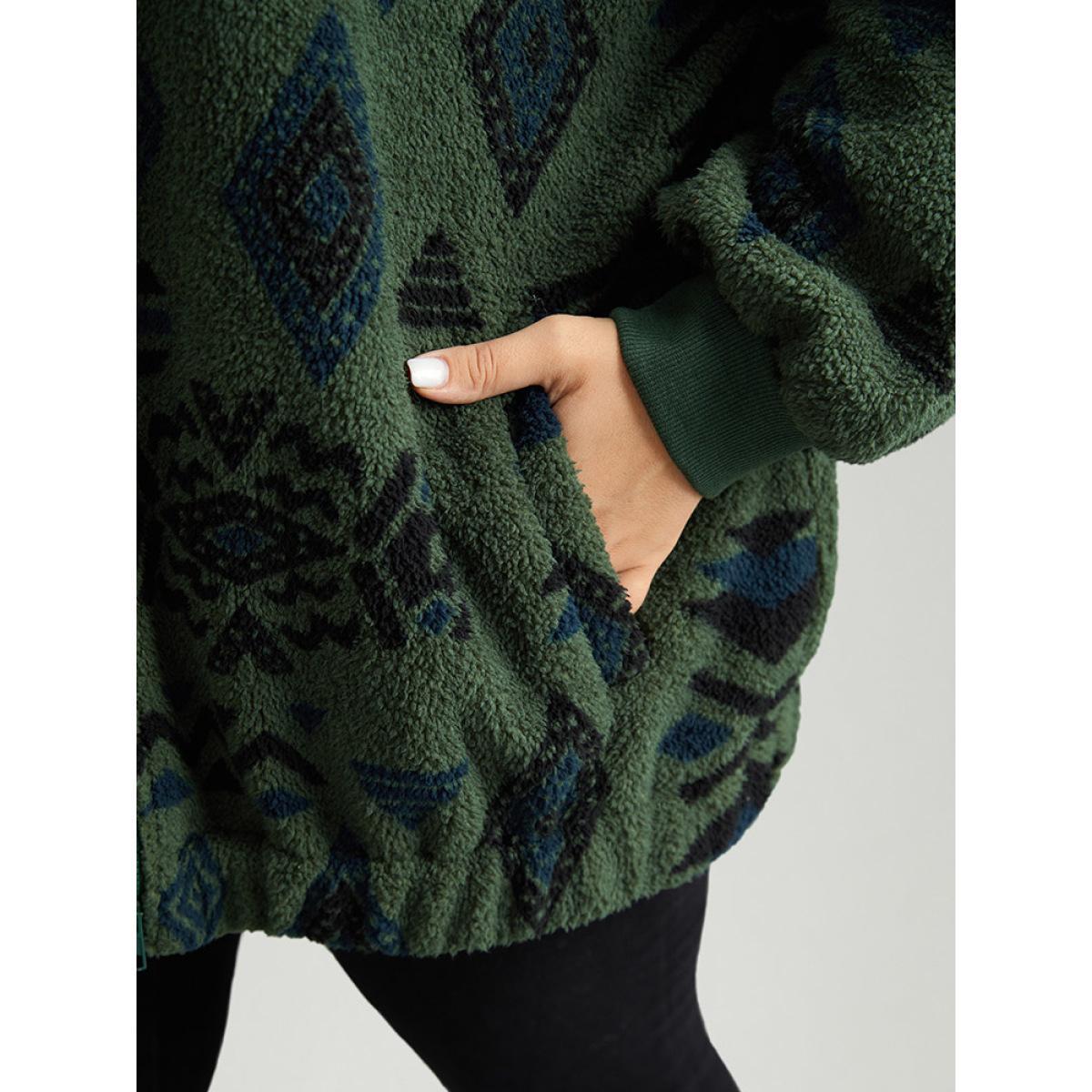 Plus Size Geometric Pocket Gathered Zipper Jacket Women Green Zipper Pocket Dailywear Jackets BloomChic 28/5X Product Image