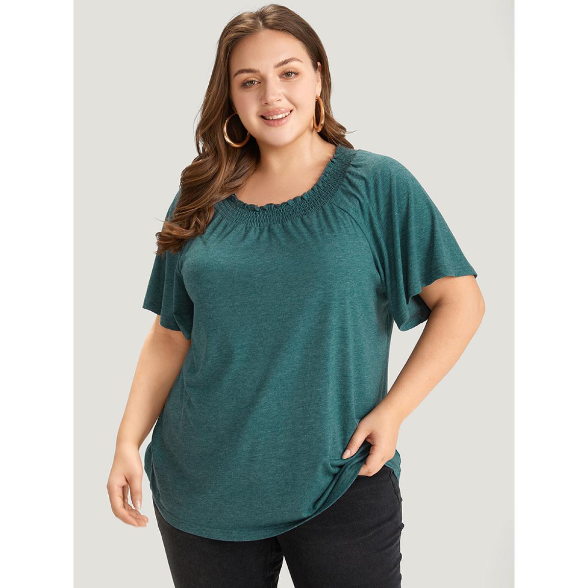 Plus Size Plain Shirred Crew Neck Flutter Sleeve T-shirt DarkGreen Women Elegant Gathered Plain Round Neck Dailywear T-shirts BloomChic 10/M Product Image