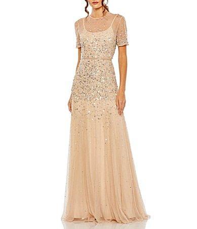 Mac Duggal Short Sleeve Illusion Neck Sequin Embellished A Product Image