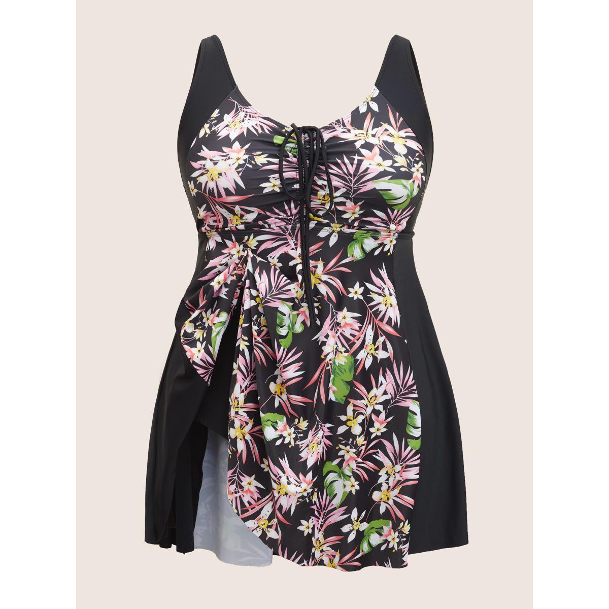 Plus Size Tropical Print Patchwork Drawstring Swim Dress Women's Swimwear Black Beach Bodycon U-neck High stretch Curve Swim Dresses BloomChic 22-24/3X Product Image