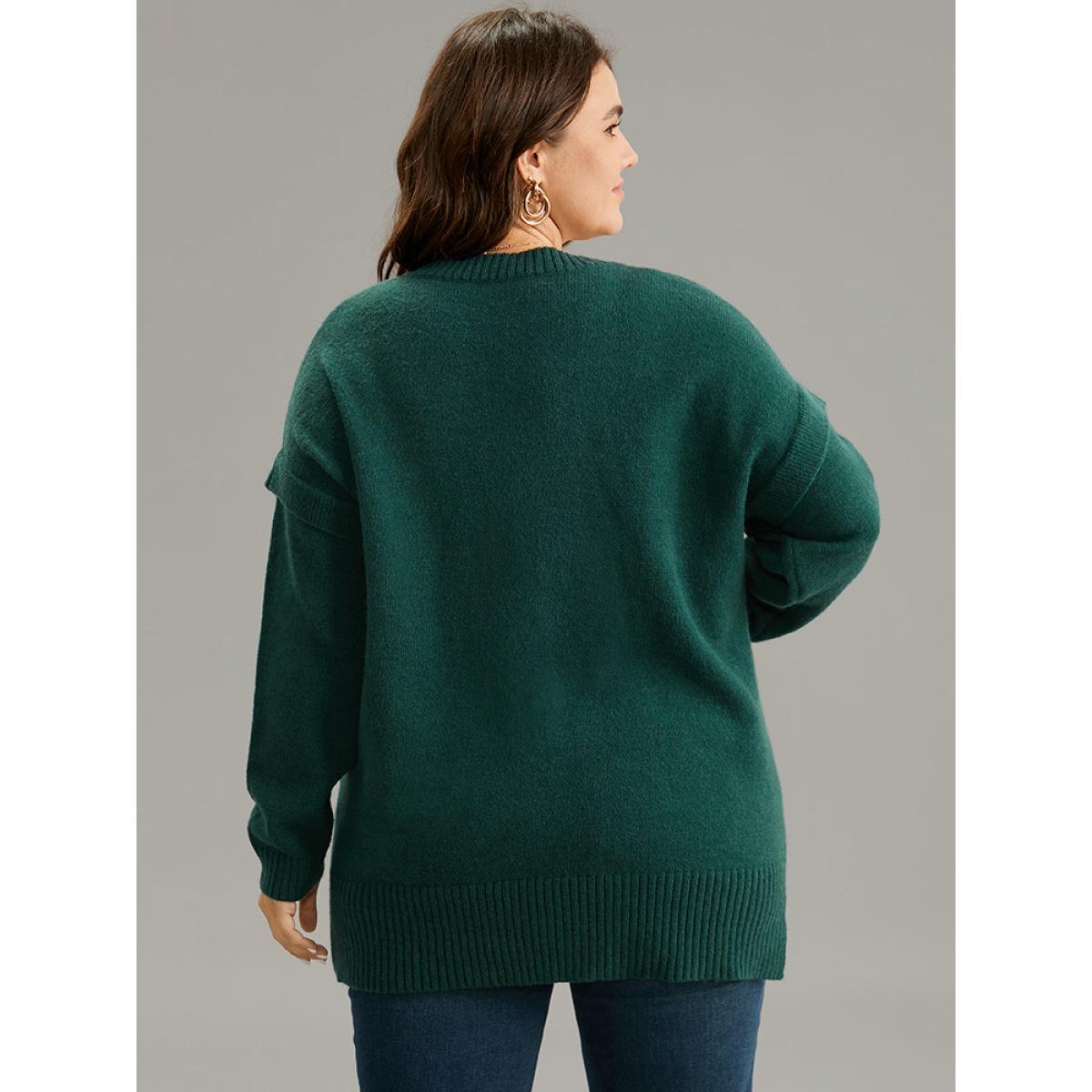 Plus Size Cable Knit Patchwork Drop Shoulder Pullover DarkGreen Women Casual Loose Long Sleeve V-neck Dailywear Pullovers BloomChic 12/L Product Image
