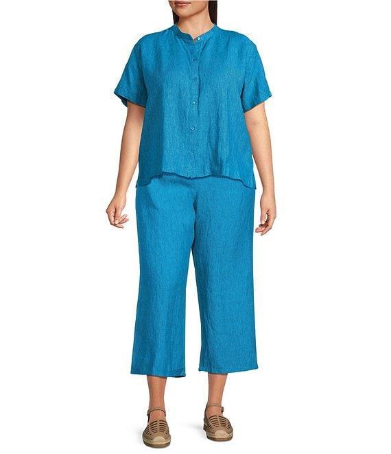 Eileen Fisher Plus Size Washed Organic Linen Elastic Waist Wide Leg Cropped Pants Product Image