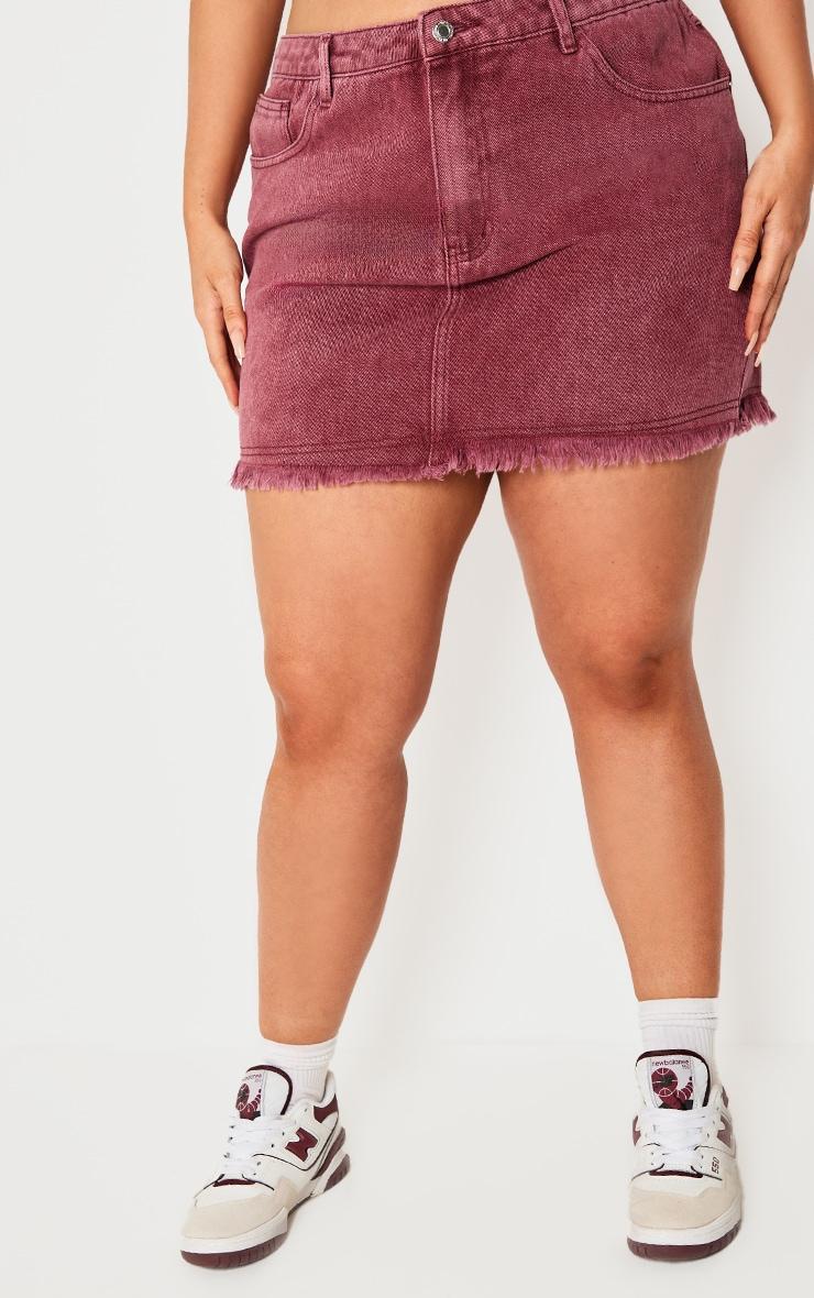 Plus Burgundy Washed Raw Hem Mini Skirt Product Image