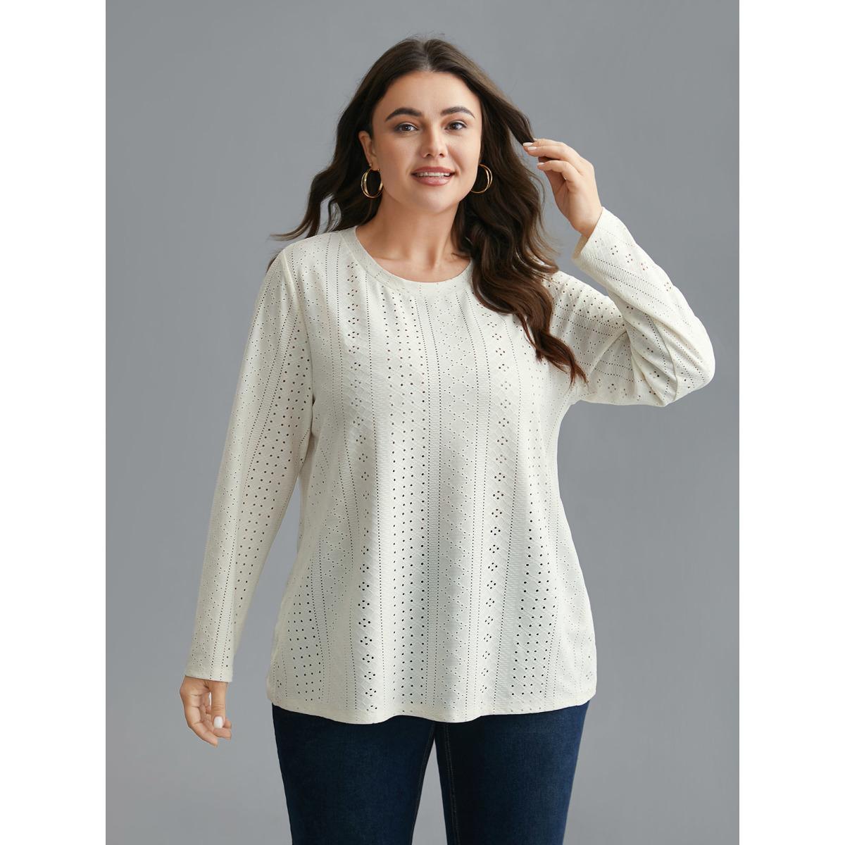 Plus Size Textured Cut-out Elastic Round Neck T-shirt Ivory Women Casual Texture Round Neck Everyday T-shirts BloomChic 10/M Product Image