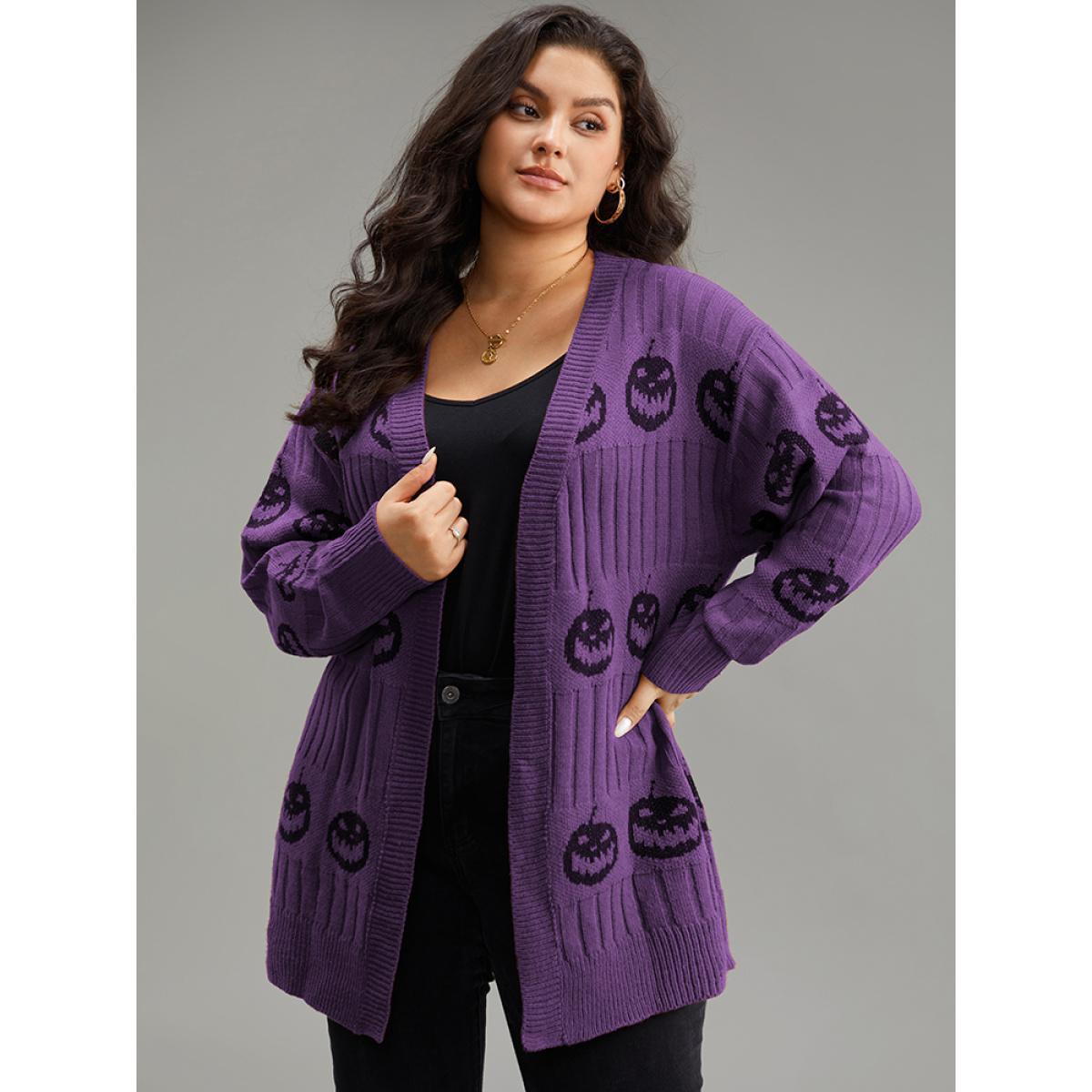 Plus Size Halloween Pumpkin Graphic Open Front Cardigan Purple Women Casual Loose Long Sleeve Festival-Halloween Cardigans BloomChic 22-24/3X Product Image