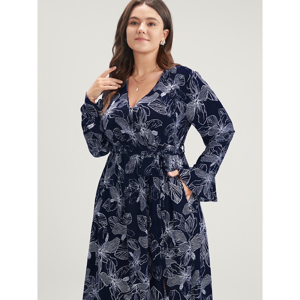 Plus Size Floral Print Belted Pocket Split Hem Wrap Dress DarkBlue Women Elegant Pocket V-neck Long Sleeve Curvy Midi Dress BloomChic 30/6X Product Image