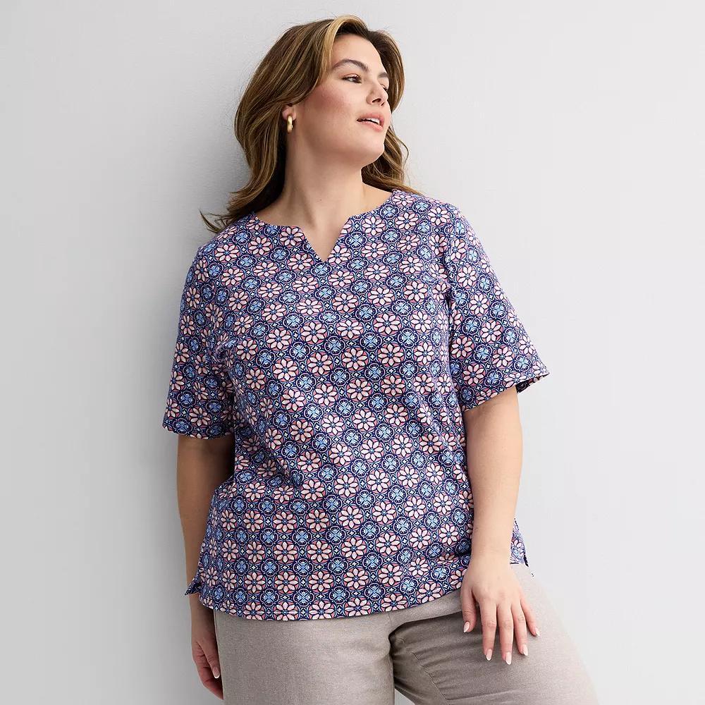 Plus Size Croft & Barrow® Elbow Sleeve Split Neck Top, Women's, Size: 1XL, Blue  Pink Product Image