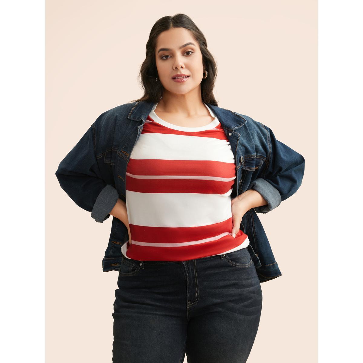 Plus Size Crew Neck Contrast Striped T-shirt Multicolor Women Casual Contrast Round Neck Everyday T-shirts BloomChic 12/L Product Image