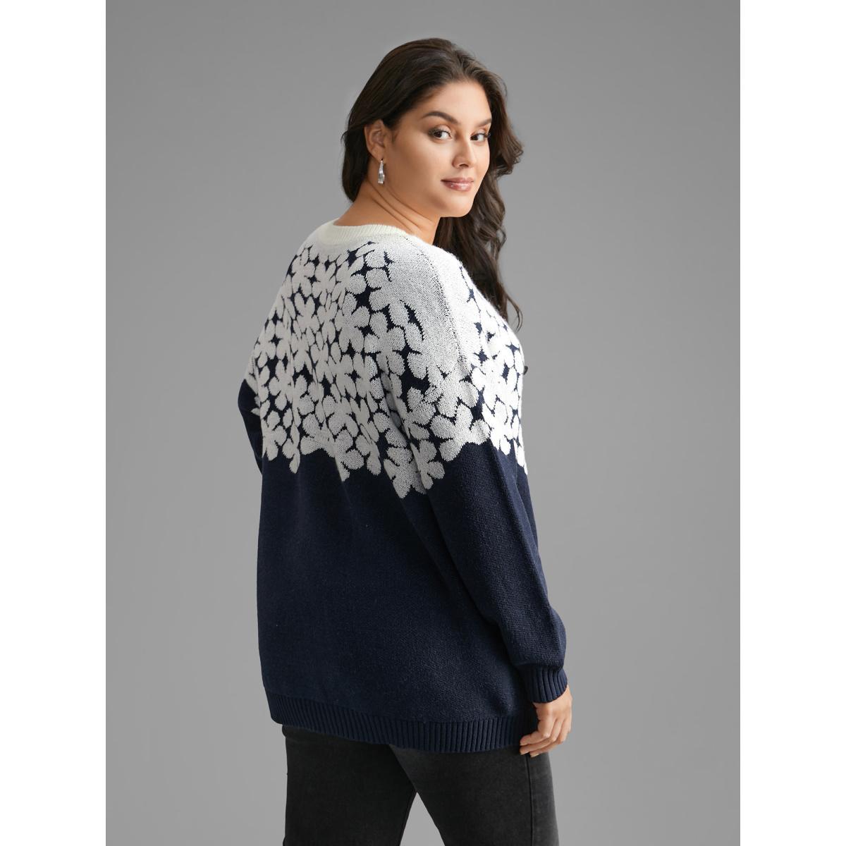 Plus Size Floral Contrast Patchwork Drop Shoulder Pullover Indigo Women Casual Loose Long Sleeve Round Neck Everyday Pullovers BloomChic 10/M Product Image
