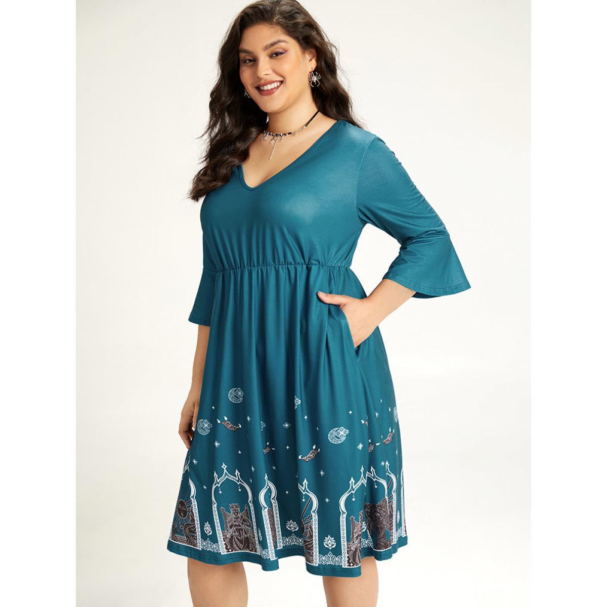 Plus Size Halloween Graphic Pocket Ruffle Trim Gathered Dress Emerald Women Casual Printed V-neck Elbow-length sleeve Curvy Midi Dress BloomChic 18-20/2X Product Image