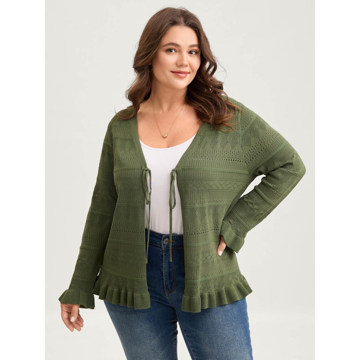 Plus Size Ruffled Hem Front Tie Textured Lightweight Cardigan ArmyGreen Women Loose Long Sleeve Everyday-Elegant Cardigans BloomChic 10/M Product Image