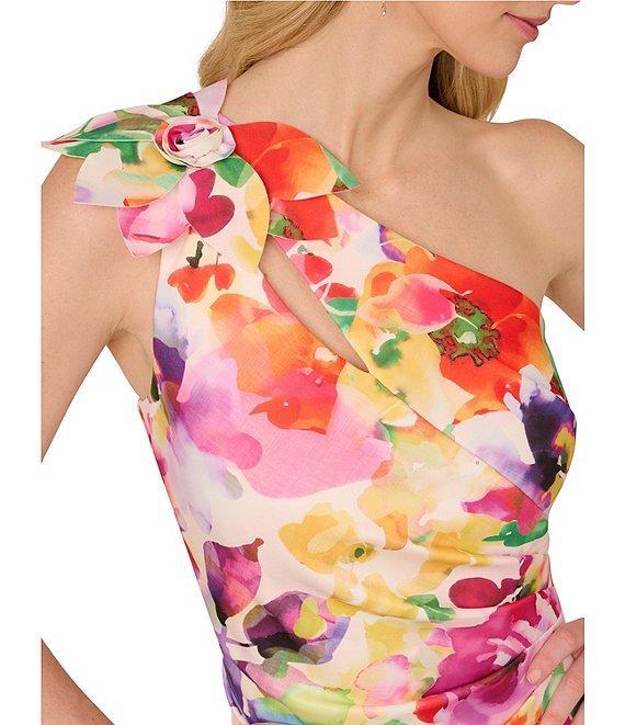 Adrianna Papell Petite Size Scuba Floral Print One Shoulder Neck Sleeveless Sheath Midi Dress Product Image