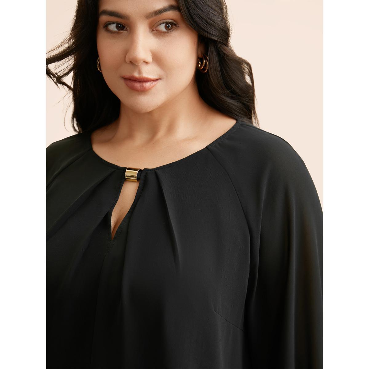 Plus Size Black Keyhole Metal Detail Gathered Blouse Women Elegant Long Sleeve Asymmetrical Neck Everyday Blouses BloomChic 12/L Product Image