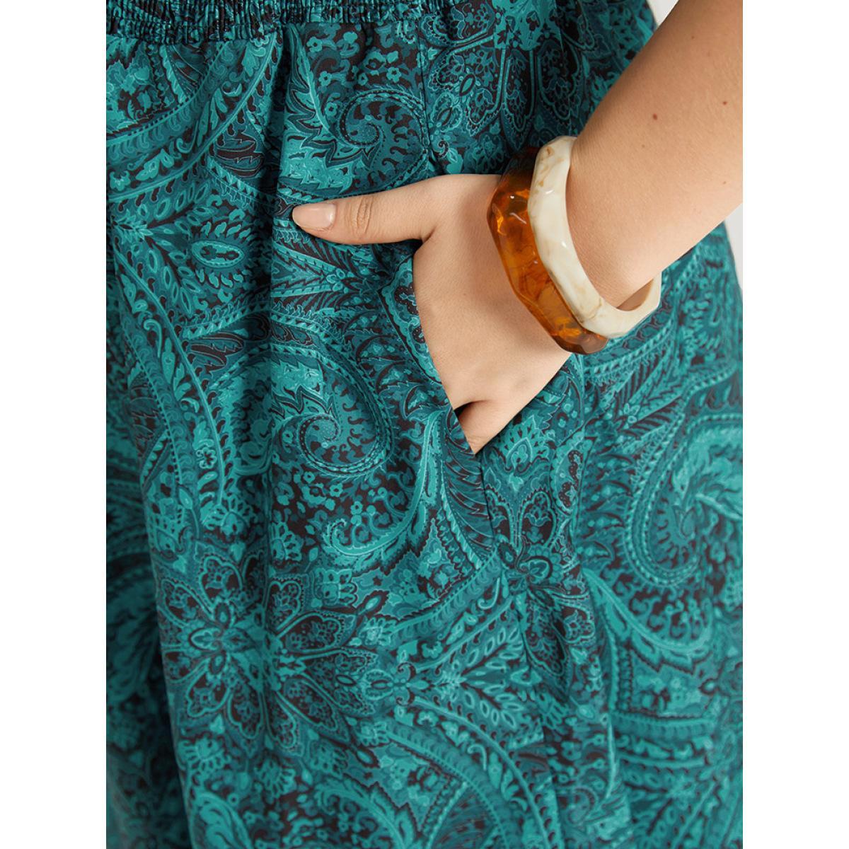 Plus Size Bandana & Paisley Print Shirred Pocket Midi Dress Emerald Women Vacation Printed V-neck Short sleeve Curvy Midi Dress BloomChic 12/L Product Image