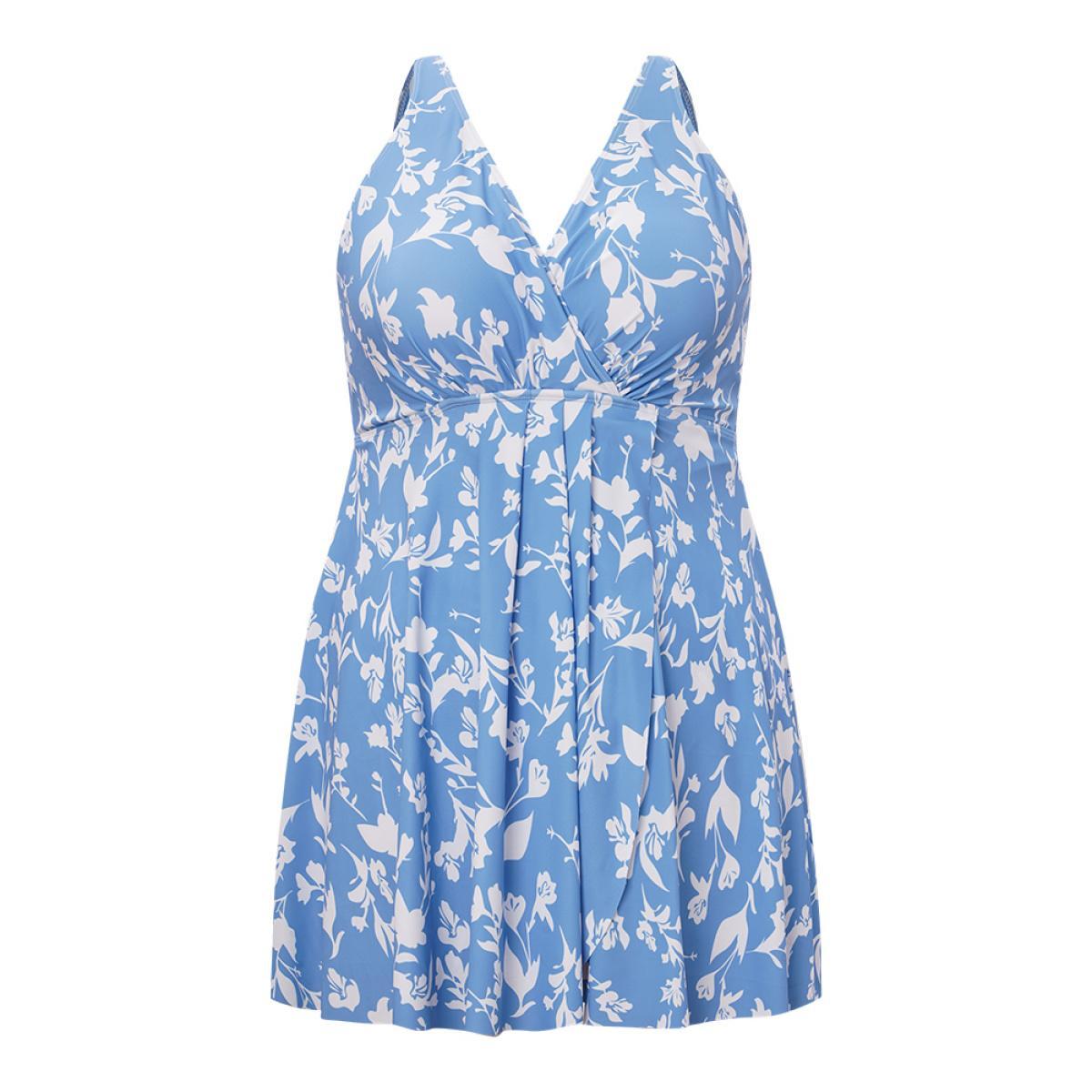 Plus Size Floral Print Wrap Gathered Split Swim Dress Women's Swimwear LightBlue Vacation Bodycon V-neck High stretch Curve Swim Dresses BloomChic 18-20/2X Product Image