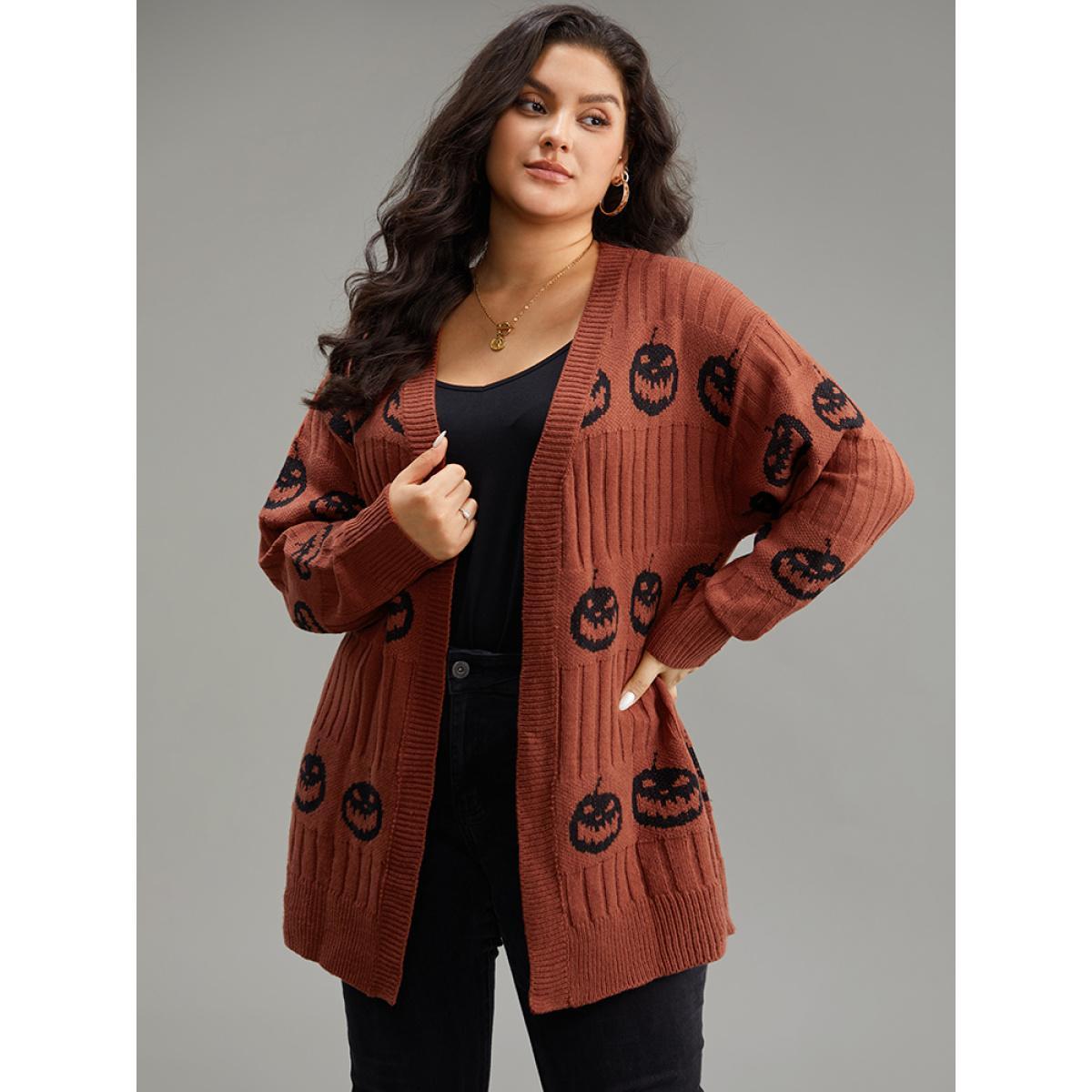 Plus Size Halloween Pumpkin Graphic Open Front Cardigan Rust Women Casual Loose Long Sleeve Festival-Halloween Cardigans BloomChic 30/6X Product Image
