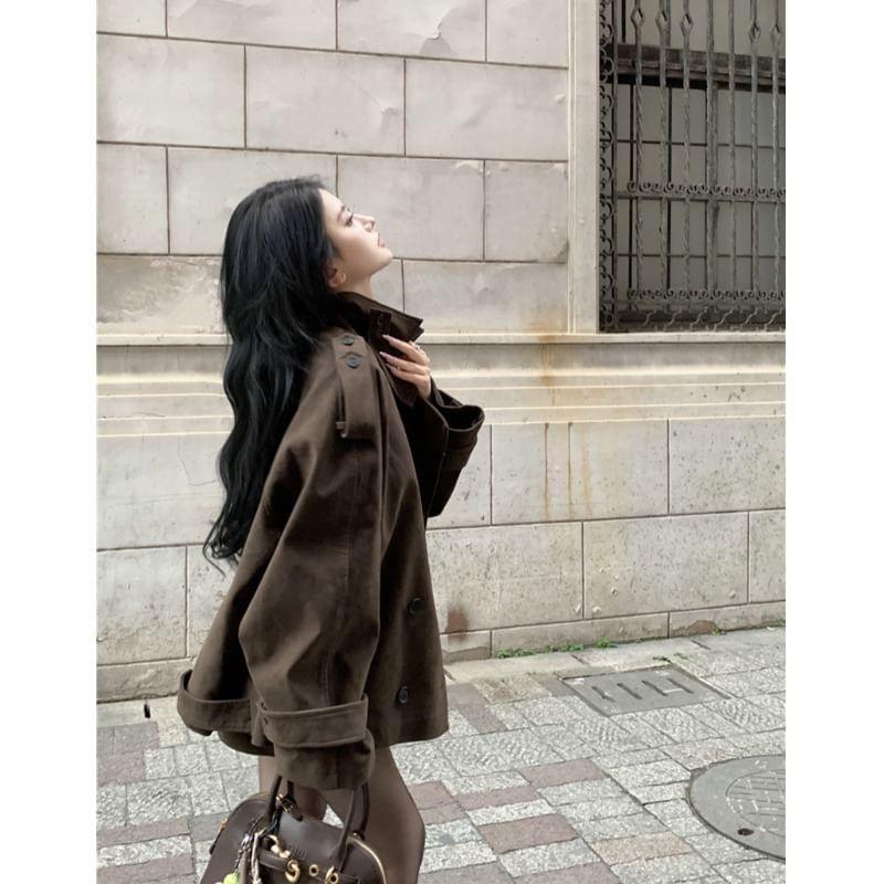 Collared Plain Double Breasted Trench Jacket / High Rise Mini Pencil Skirt Product Image