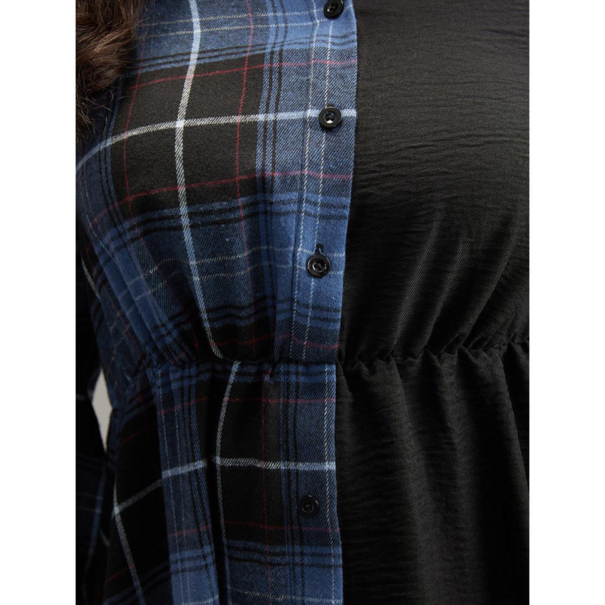 Plus Size Plaid Patchwork Button Through Pocket Dress Multicolor Women Office Contrast Shirt collar Long Sleeve Curvy Midi Dress BloomChic 28/5X Product Image