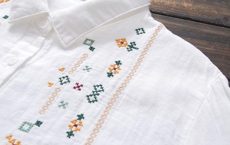 Long Sleeve Lapel Neck Embroidered Shirt Product Image