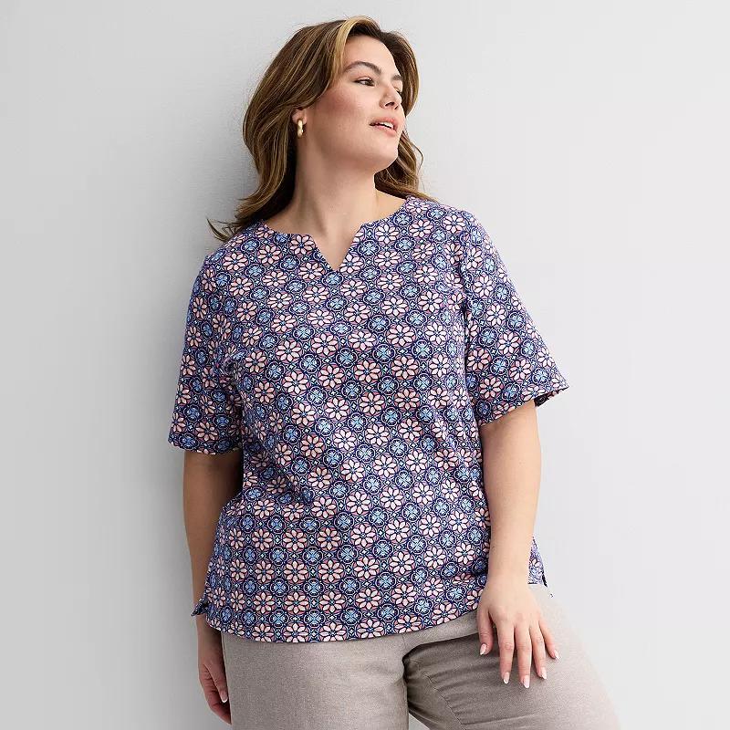 Plus Size Croft & Barrow® Elbow Sleeve Split Neck Top, Women's, Size: 1XL, Blue  Pink Product Image