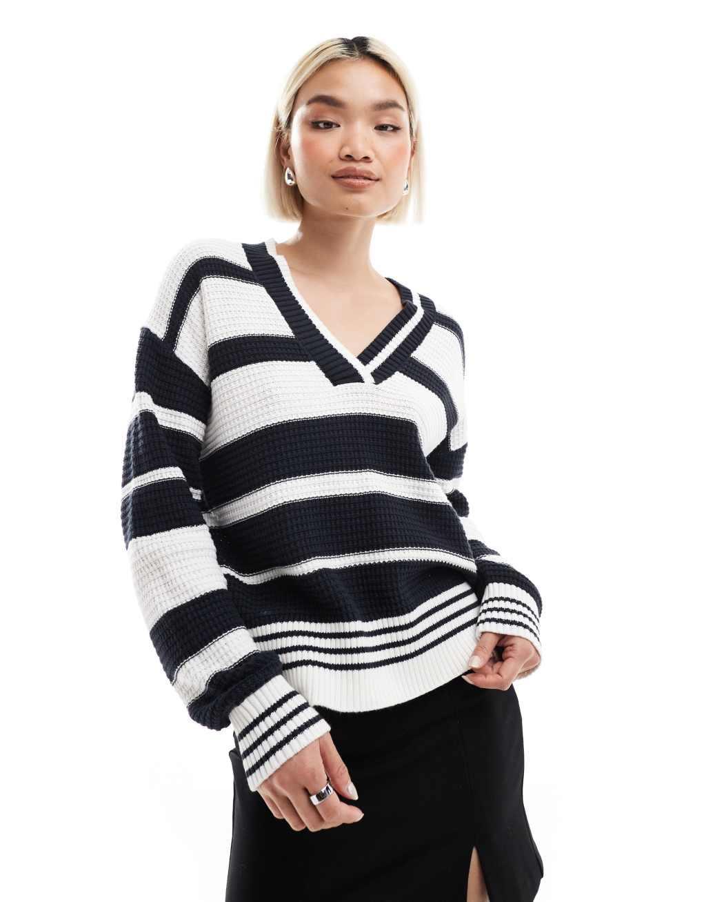 French Connection v-neck striped varsity sweater in white and navy Product Image
