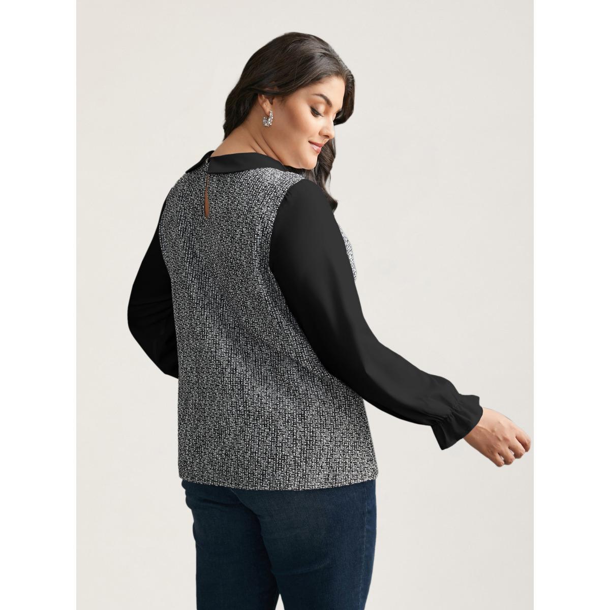 Plus Size Multicolor Tweed Patchwork Lantern Sleeve Blouse Women At the Office Long Sleeve Shirt collar Work Blouses BloomChic 18-20/2X Product Image