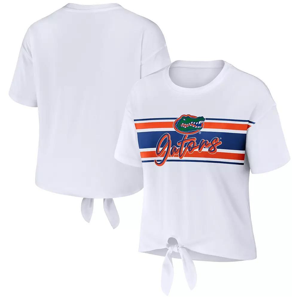 Women's WEAR by Erin Andrews White Kansas Jayhawks Striped Front Knot Cropped T-Shirt, Size: 2XL Product Image