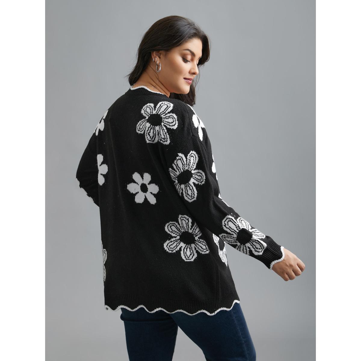 Plus Size Floral Pattern Open-Front Knitted Cardigan Black Women Casual Loose Long Sleeve Everyday Cardigans BloomChic 14-16/1X Product Image