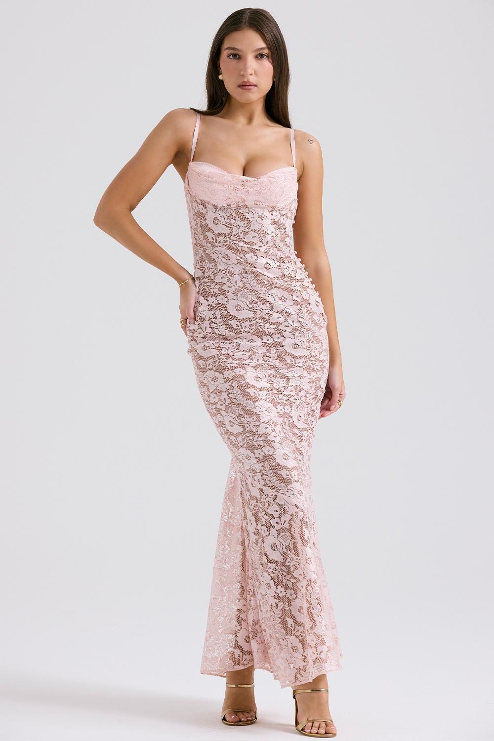 Azzurra Rose Pink Lace Godet Gown Product Image