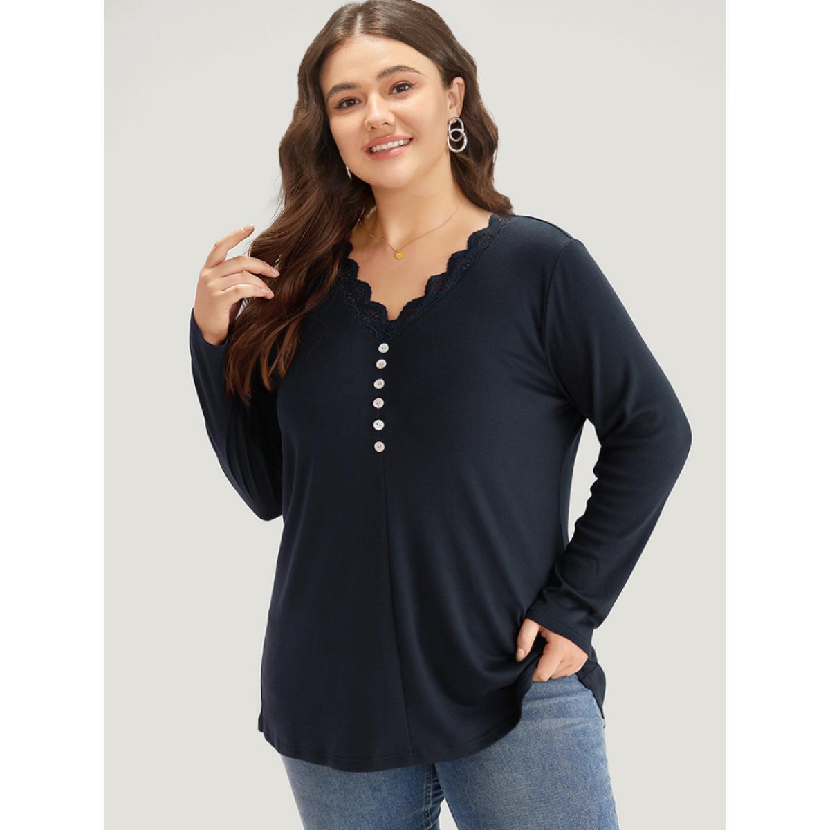 Plus Size Guipure Lace Patchwork V Neck Button Detail T-shirt Indigo Women Elegant Printed Plain V-neck Dailywear T-shirts BloomChic 12/L Product Image