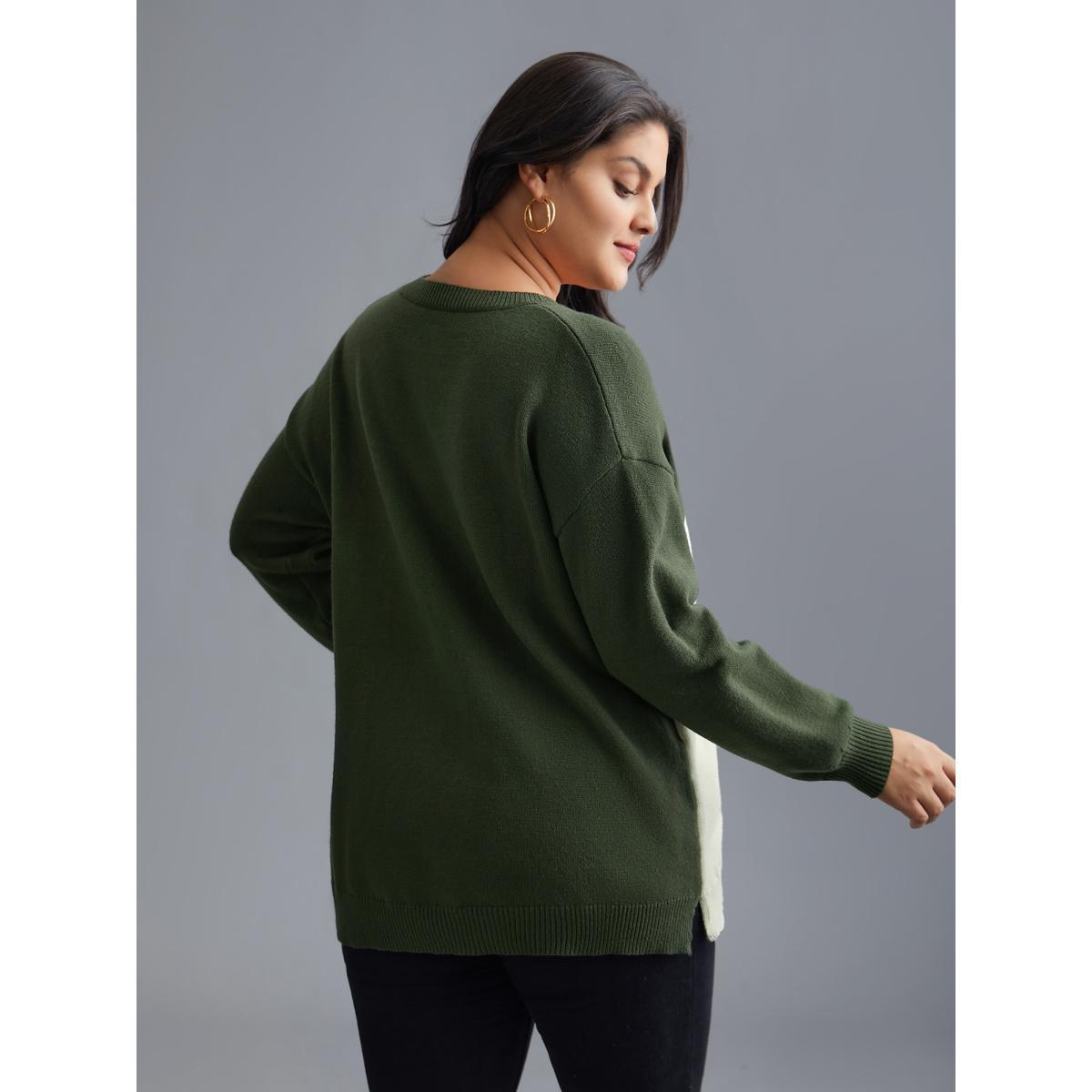 Plus Size Cat Contrast Drop Shoulder Pullover ArmyGreen Women Casual Loose Long Sleeve Round Neck Everyday Pullovers BloomChic 28/5X Product Image