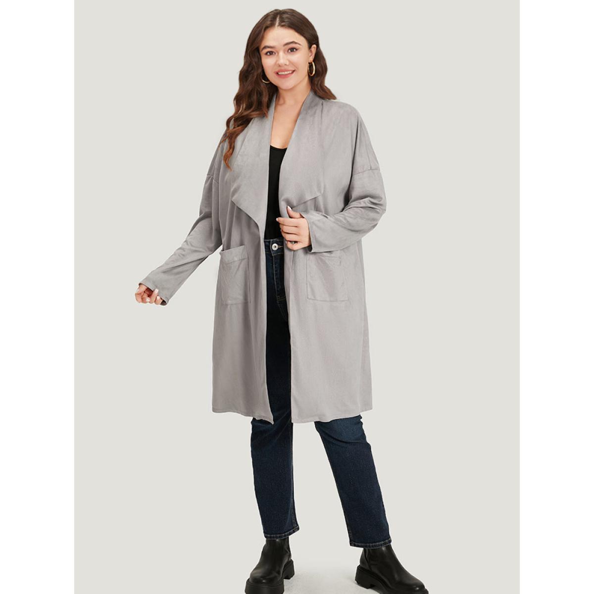 Plus Size Solid Lapel Collar Patched Pocket Faux Suede Coat Women DarkGray Casual Plain Ladies Dailywear Winter Coats BloomChic 26/4X Product Image
