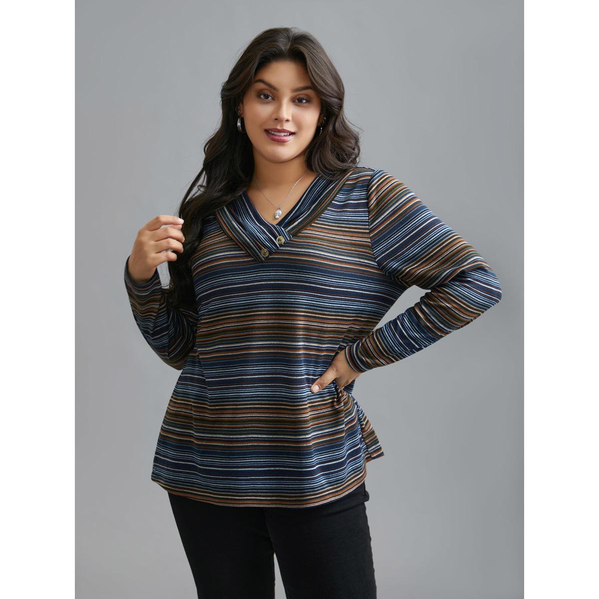 Plus Size V Neck Multi-Color Stripes Slim-Fit T-Shirt Indigo Women Casual Button Asymmetrical Neck Everyday T-shirts BloomChic 12/L Product Image