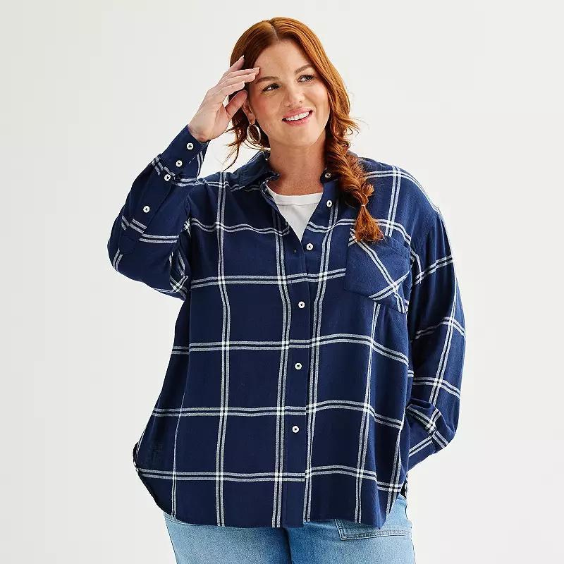 Plus Size Sonoma Goods For Life® Oversized Boyfriend Flannel Shirt, Women's, Size: 1XL, Moss Green Plaid Product Image