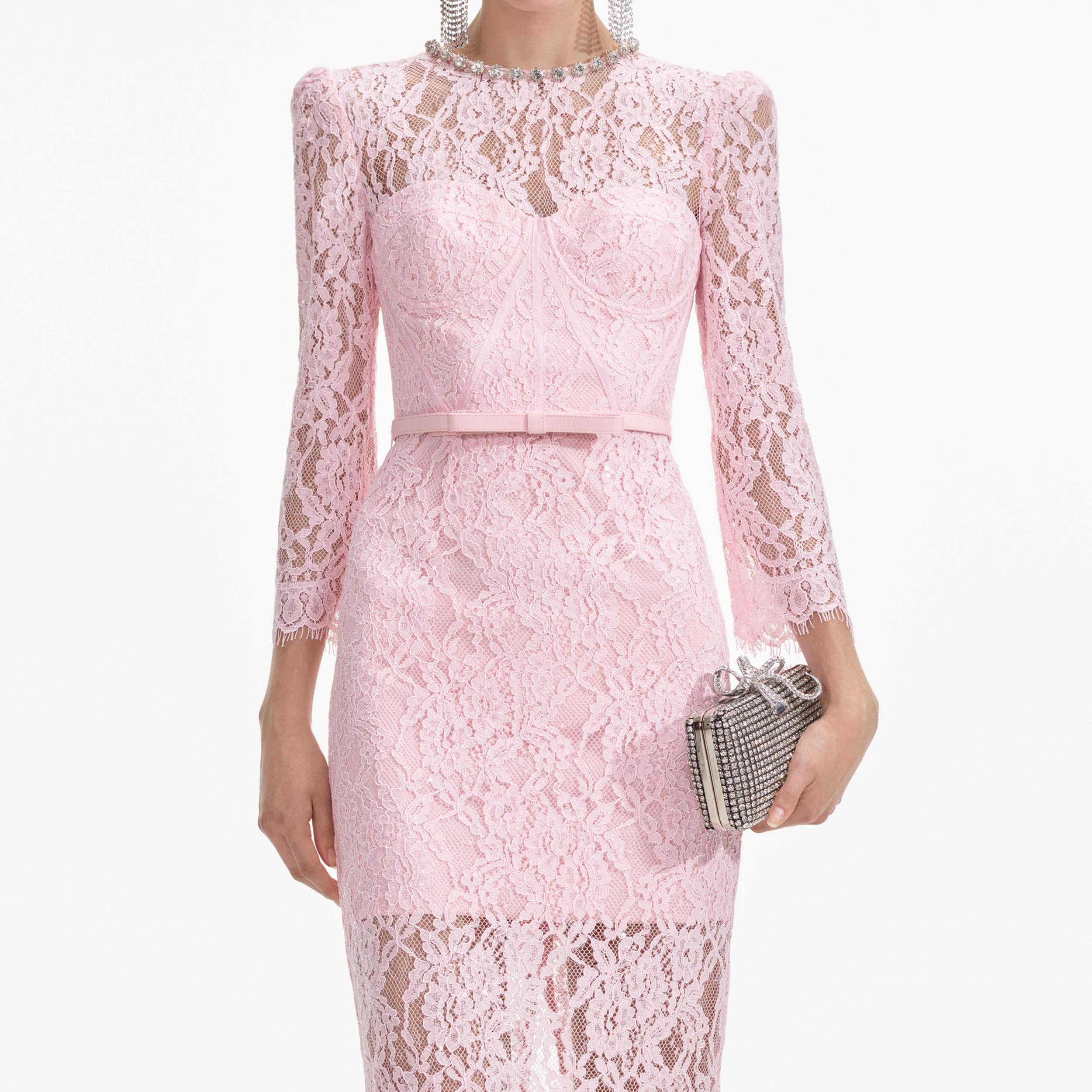 Pink Lace Bustier Midi Dress Product Image