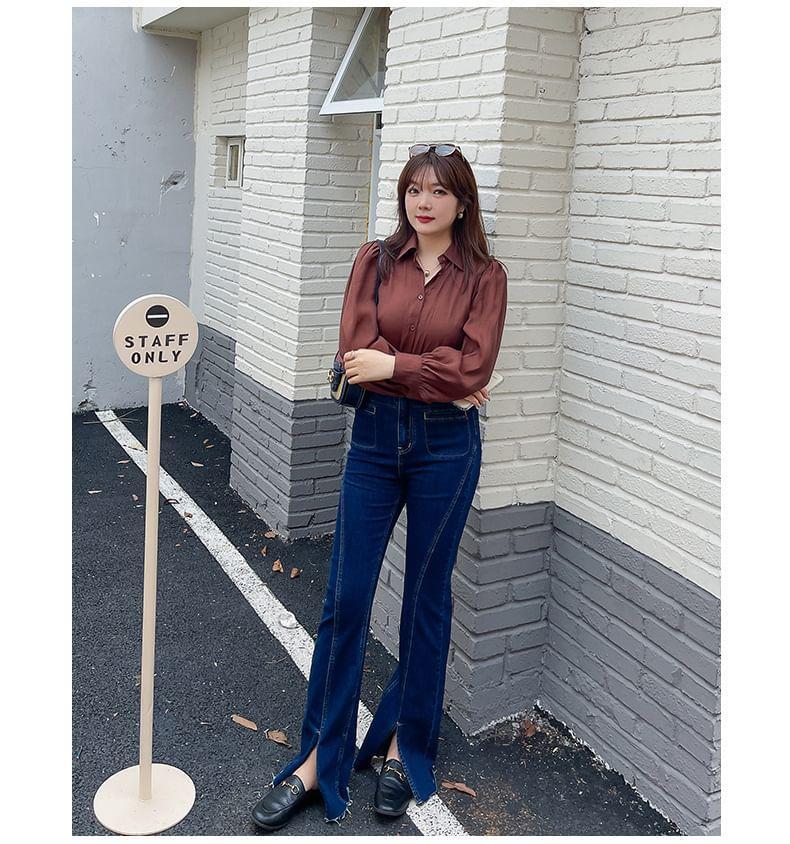 Plus Size High Waist Frayed Front-Slit Flared Jeans Product Image