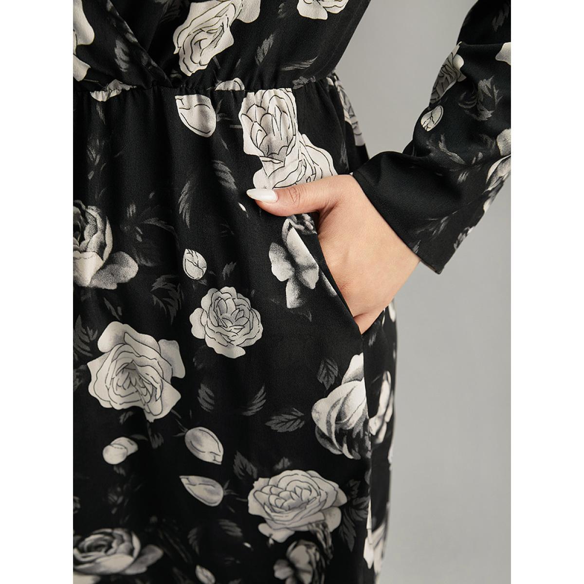 Plus Size Floral Print Pocket Elastic Waist Wrap Dress Black Women At the Office Wrap Overlap Collar Long Sleeve Curvy Midi Dress BloomChic 18-20/2X Product Image