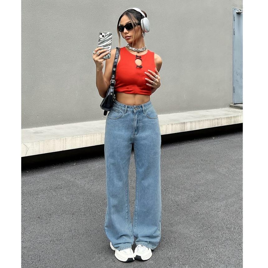 High Rise Strawberry Embroidered Wide Leg Jeans Product Image