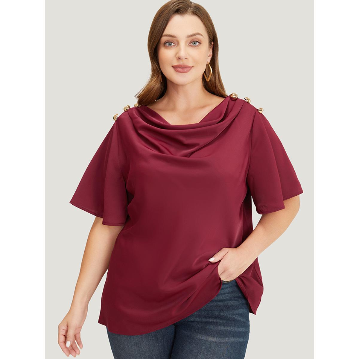 Plus Size Scarlet Plain Cowl Neck Button Detail Flutter Sleeve Blouse Women Office Short sleeve Cowl Neck Work Blouses BloomChic 28/5X Product Image