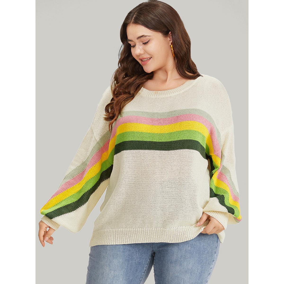 Plus Size Rainbow Lantern Sleeve Drop Shoulder Elastic Cuffs Pullover Beige Women Casual Loose Long Sleeve Round Neck Dailywear Pullovers BloomChic 18-20/2X Product Image