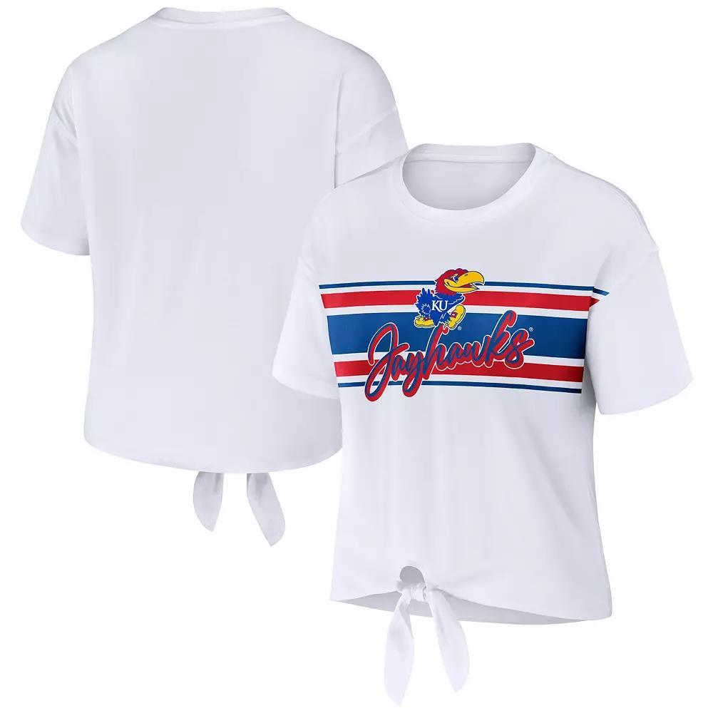 Women's WEAR by Erin Andrews White Kansas Jayhawks Striped Front Knot Cropped T-Shirt, Size: 2XL Product Image