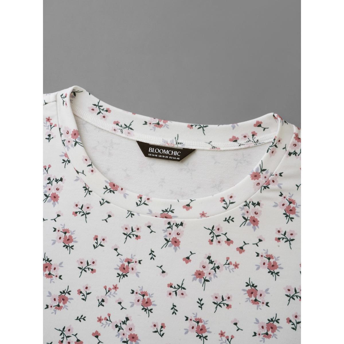 Plus Size Ditsy Floral Round Neck Sweatshirt Women Multicolor Casual Contrast Loose Round Neck Everyday Sweatshirts BloomChic 18-20/2X Product Image