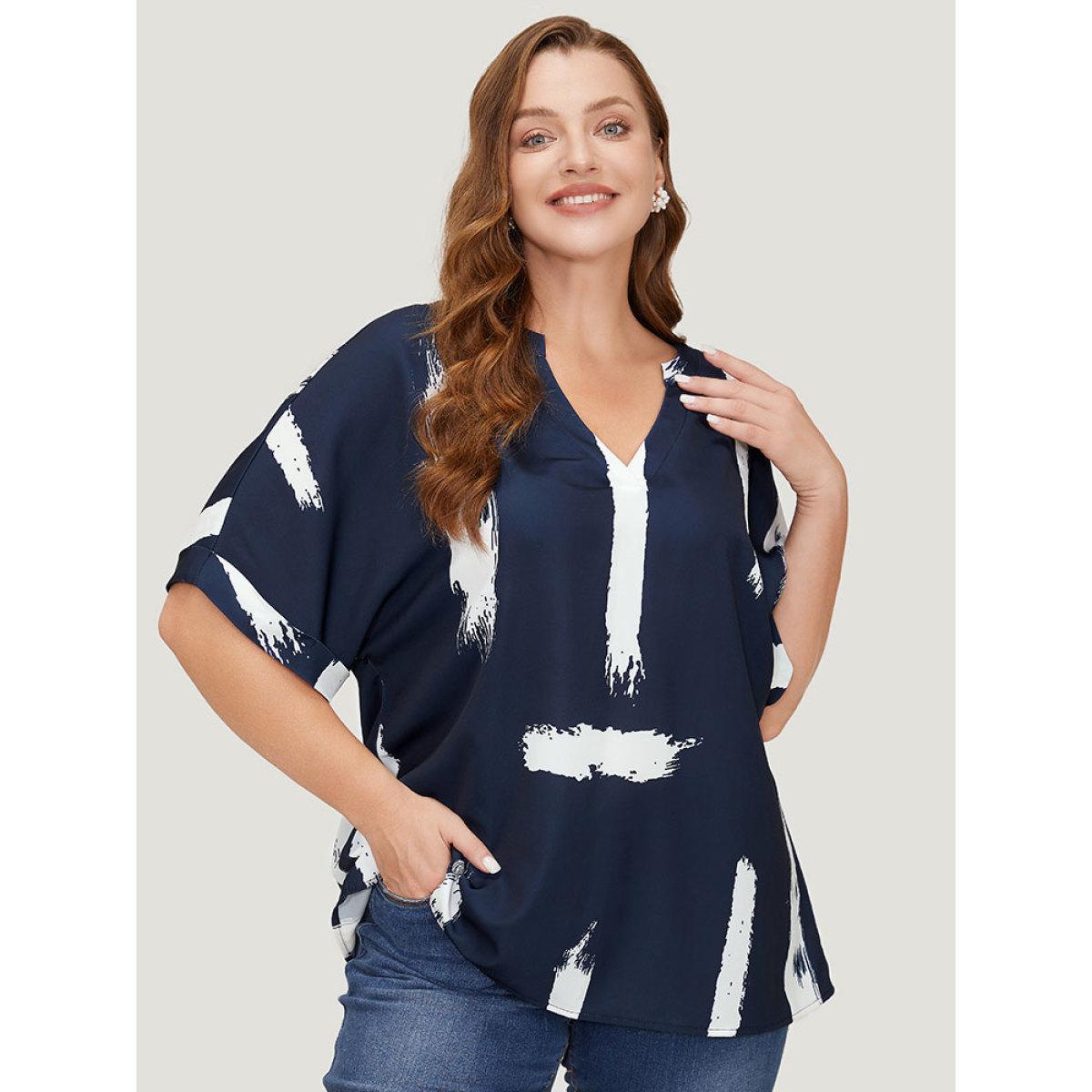 Plus Size Indigo Brush Print Rolll Batwing Sleeve Blouse Women Elegant Half Sleeve V-neck Dailywear Blouses BloomChic 22-24/3X Product Image