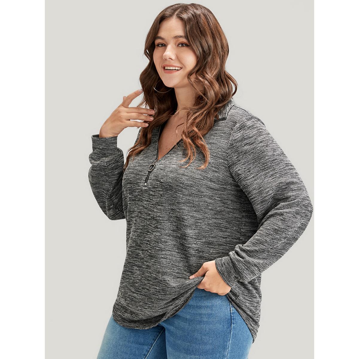 Plus Size Solid O Ring Zip Rib Knit Long Tee DimGray Women Elegant Zipper Plain Lapel Collar Dailywear T-shirts BloomChic 12/L Product Image