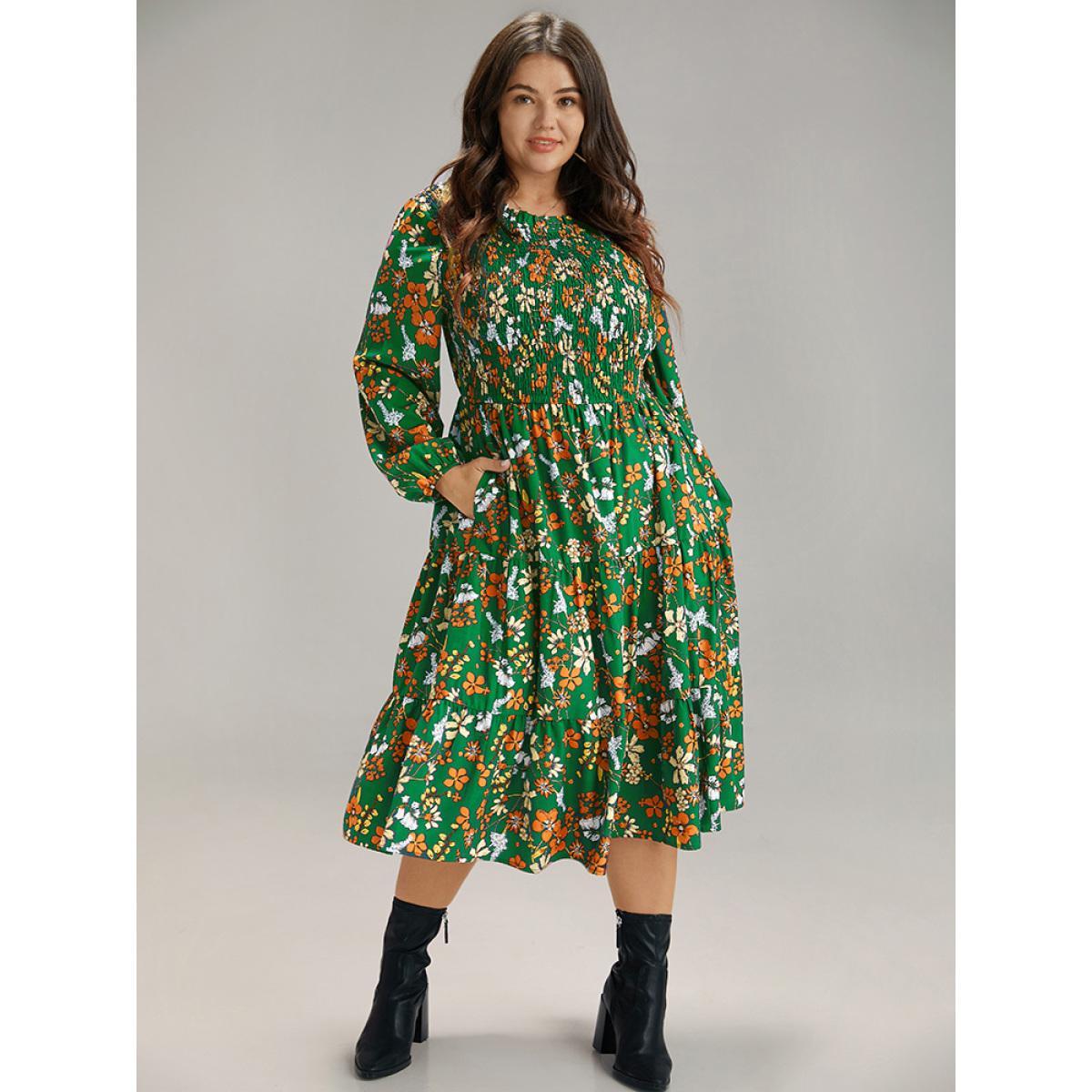 Plus Size Floral Print Keyhole Shirred Dress Green Women Elegant Elastic cuffs Mock Neck Long Sleeve Curvy Midi Dress BloomChic 26/4X Product Image